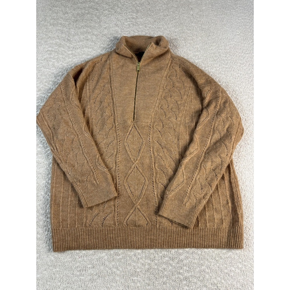 Talbots Sweater Womens Petite Large Camel Brown Cable Knit Half Zip Mock Neck